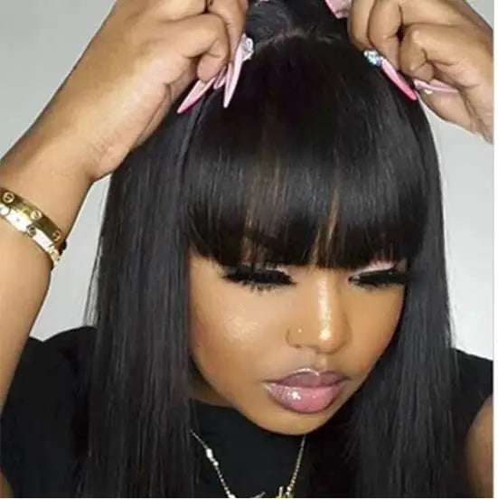 Perruque lisse avec une frange cheveux 100% naturel 180% HD facile à porter 14-26pouces