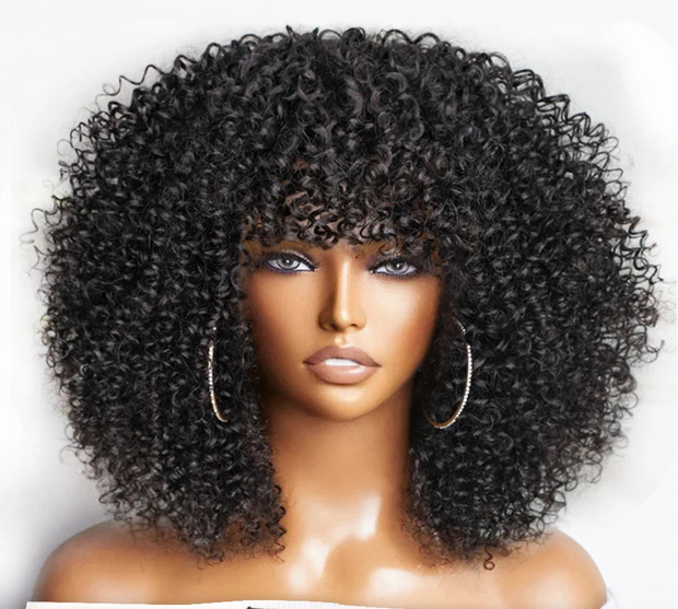 Perruque Afro Kinky Curly  Glueless 100% naturelle Péruvienne couleur noir , Marron , Blond miel 250%HD 12-14 pouces