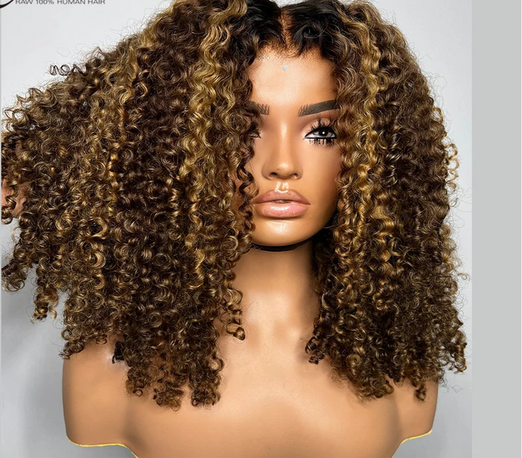 Highlight Ombre Honey Blonde Human Hair Wigs For Women 13x4 Curly Lace Front Wig Human Hair Burmese Curly  Wig Brazilian 250%