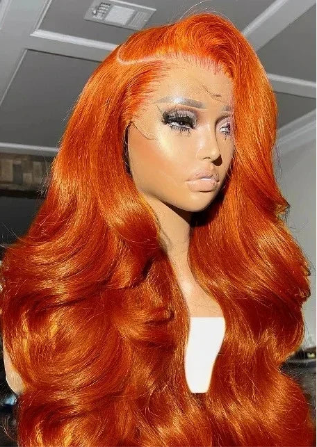 Perruque Body Wave  cheveux 100% naturel bresilien  couleur Ginger Orange 350# 180% HD avec dentelle frontale transparente13x4 transparente  du 12 au 34 pouces