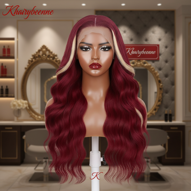 Perruque Body Wave Burgundy 99J Red (Bordeaux )613 Blonde dentelle frontale 13x6 18- 34 pouces