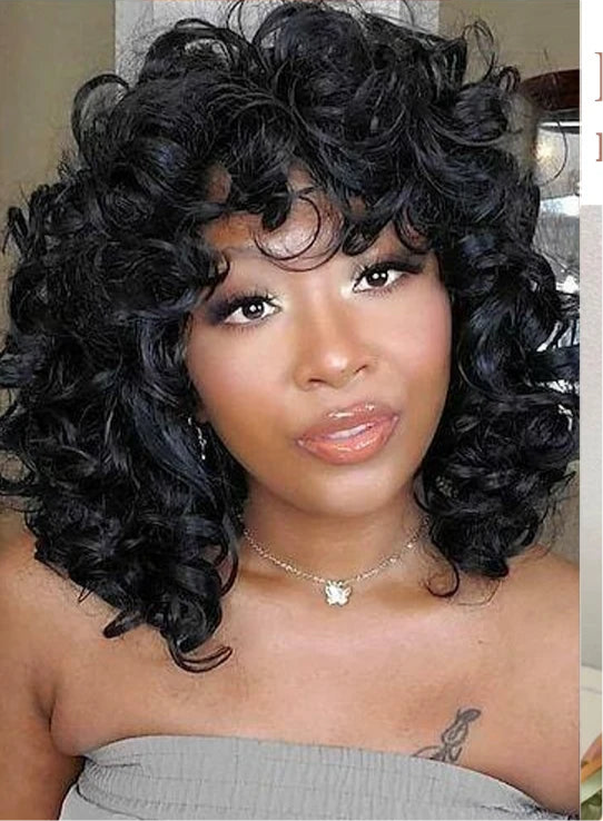 Perruque Curly Bob avec frange cheveux 100% naturel prêt à porter sans colle 180 HD du 8 au16 pouces