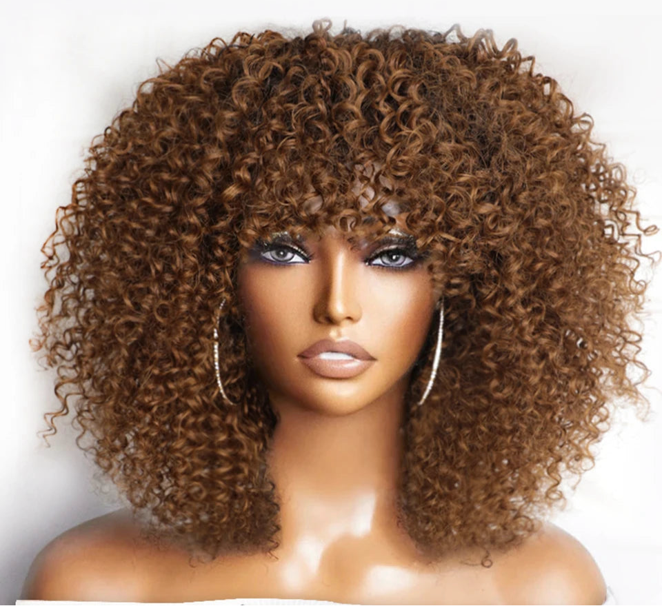 Perruque Afro Kinky Curly  Glueless 100% naturelle Péruvienne couleur noir , Marron , Blond miel 250%HD 12-14 pouces