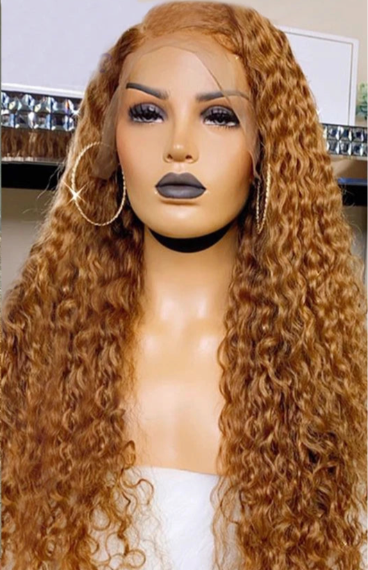 Perruque  cheveux 100% naturel Deep Curly  couleur Blond/miel avec dentelle frontale 13x4  150% et 180 % densité  10-26 pouces