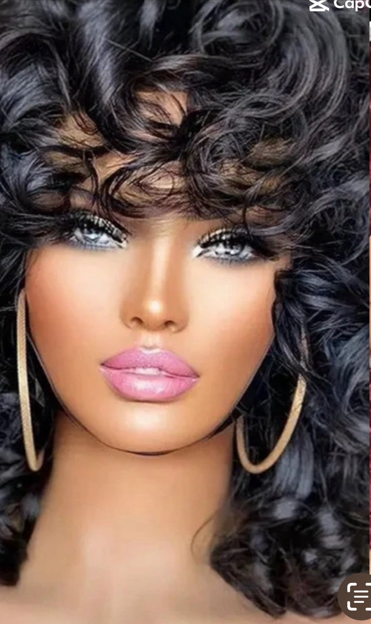Perruque Curly Bob avec frange cheveux 100% naturel prêt à porter sans colle 180 HD du 8 au16 pouces