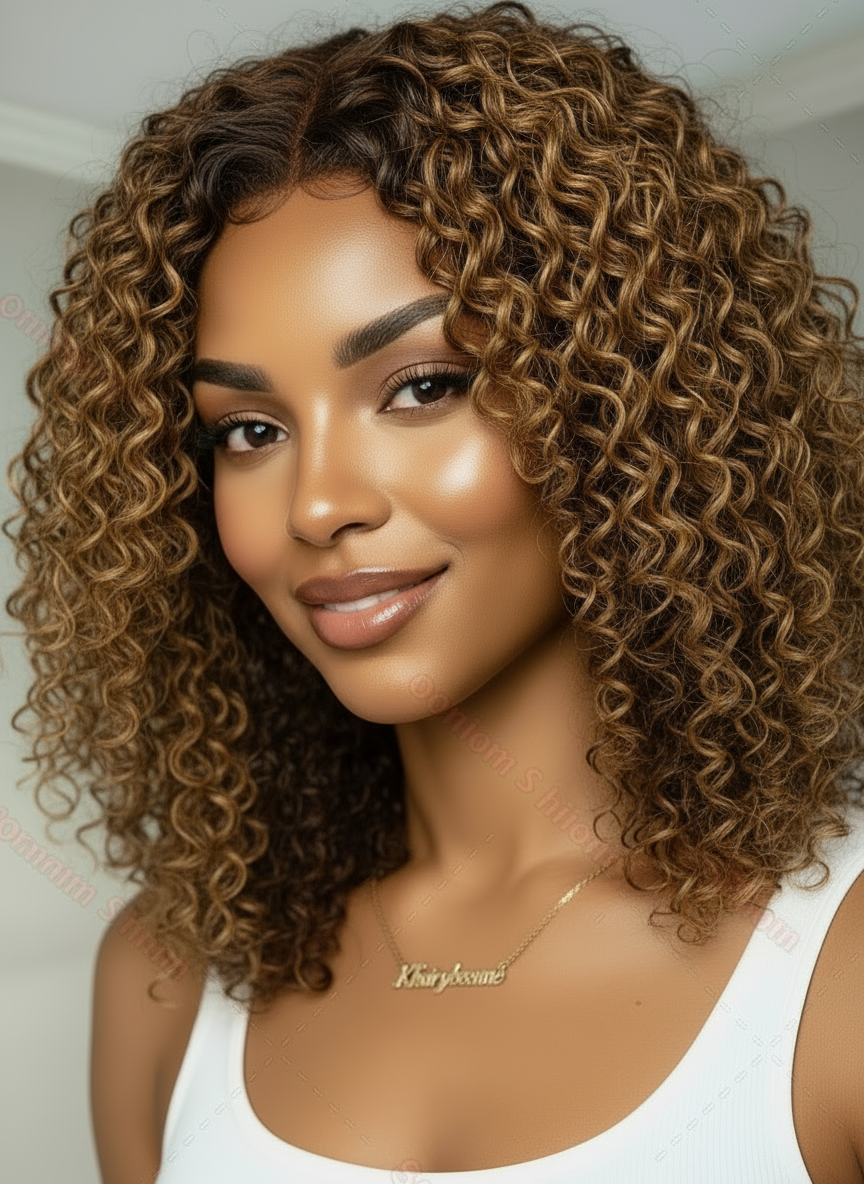 Perruque Deep Wave cheveux 100% naturel brésilienne couleur marron miel dentelle frontale 13x4 ou 13*6