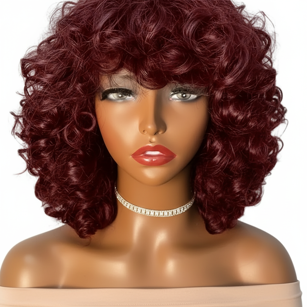 Perruque Curly Bob avec frange cheveux 100% naturel prêt à porter sans colle 180 HD du 8 au16 pouces