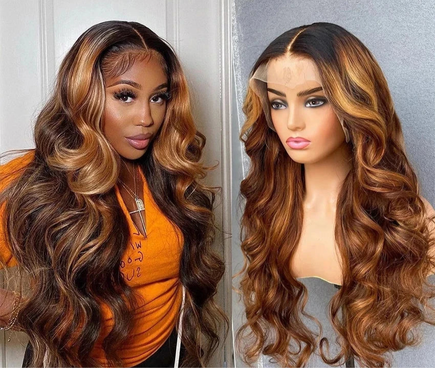 Perruque Body Wave  100% brésilienne couleur 4/27 Highlight dentelle frontale  13X6 13X4   180HD du 10 au 34 pouces