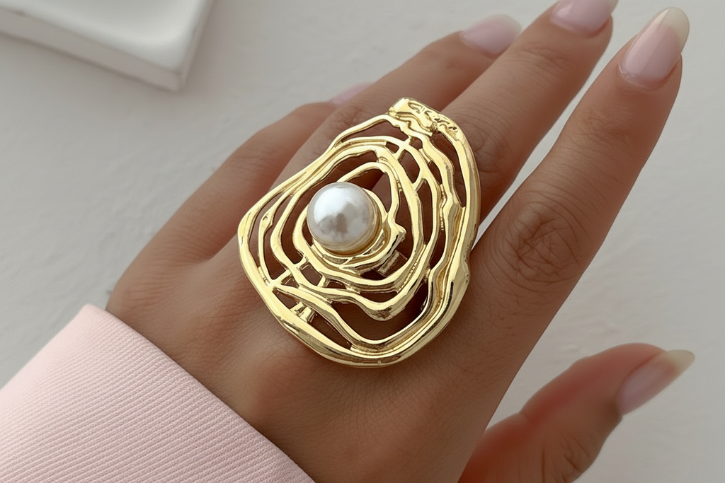 Bagues  dorées avec perle - Accessoires chic