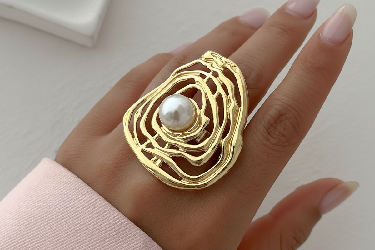 Bagues  dorées avec perle - Accessoires chic