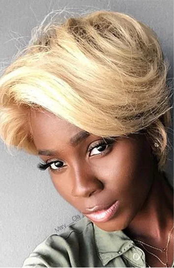 Perruque cheveux lisses Blonde Pixie Cut Bob 100% naturel brésilien