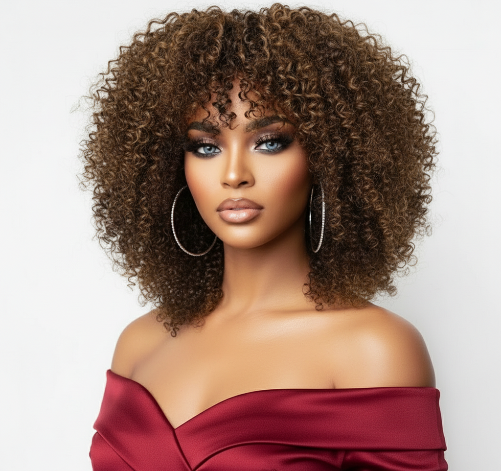 Perruque Afro Kinky Curly  Glueless 100% naturelle Péruvienne couleur noir , Marron , Blond miel 250%HD 12-14 pouces