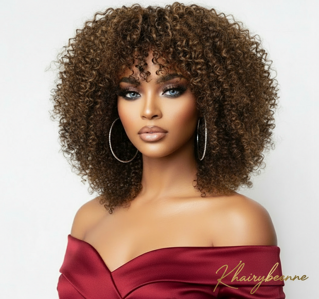 Perruque Afro Kinky Curly  Glueless 100% naturelle Péruvienne couleur noir , Marron , Blond miel 250%HD 12-14 pouces