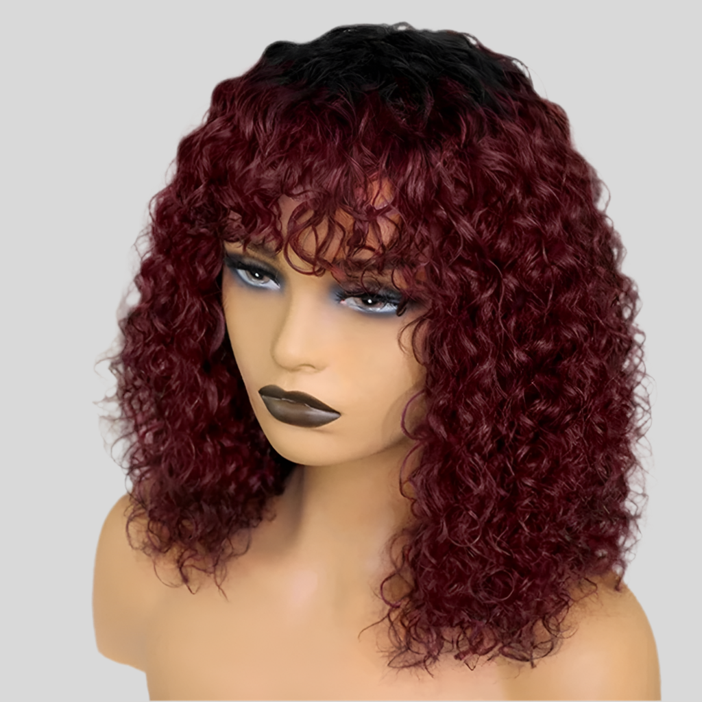 Perruque Jerry curly avec une frange cheveux naturels bresilien existe en noir rouge marron miel 180%HD du 10 -16 pouces