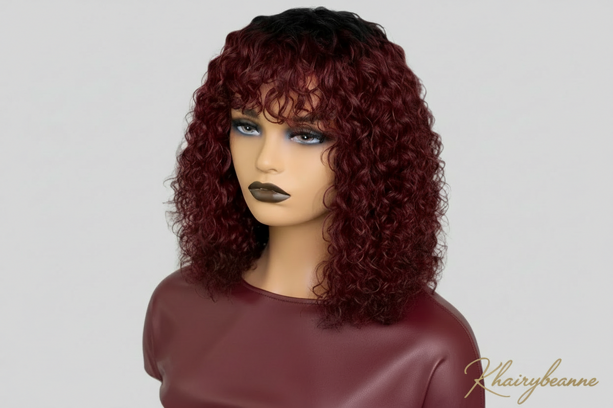 Perruque Jerry curly avec une frange cheveux naturels bresilien existe en noir rouge marron miel 180%HD du 10 -16 pouces