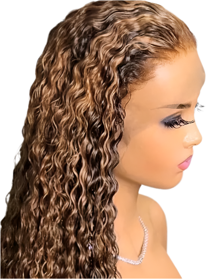 Perruque Water Wave 100% cheveux naturels bresiliens couleur Highlight ombre 4/27 avec dentelle frontale 13x4 150% HD ou 180% HD 10-30 pouces