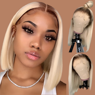 Perruque Bob straight cheveux naturels couleur 4/613 dentelle frontale 13X4  10-12 pouces