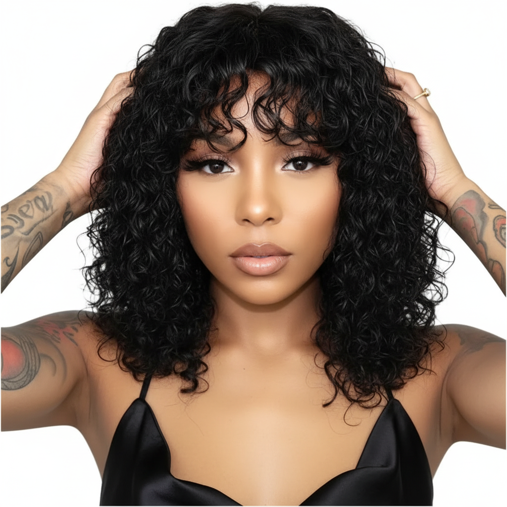Perruque Jerry curly avec une frange cheveux naturels bresilien existe en noir rouge marron miel 180%HD du 10 -16 pouces