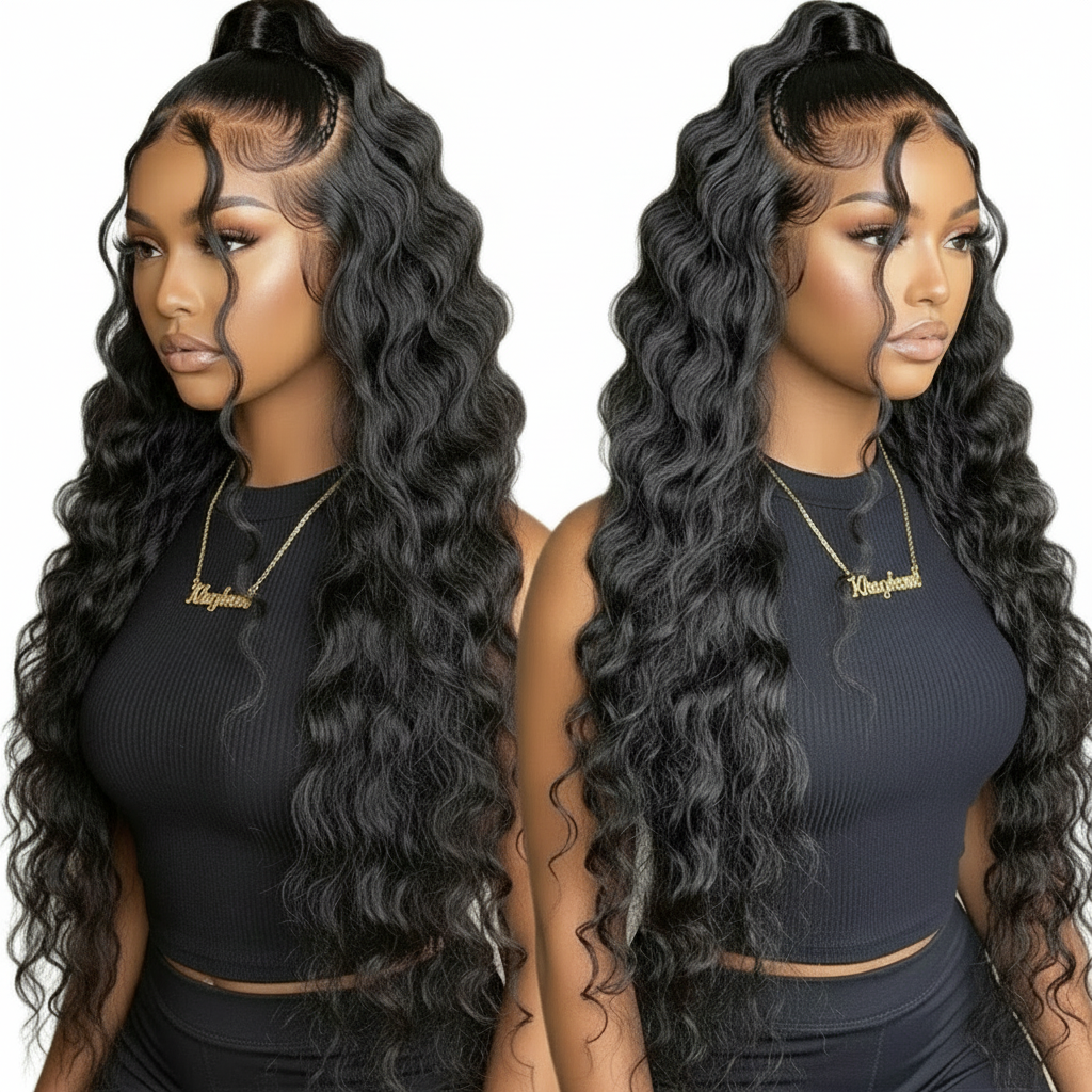 Perruque  Deep Wave 100%cheveux naturels couleur 1b dentelle frontale 13*4 du 18 au 32 pouces