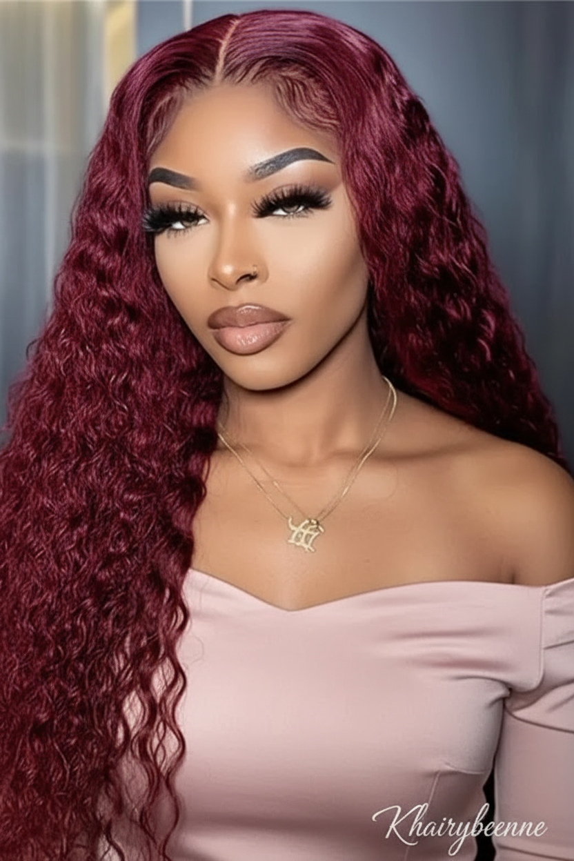 Perruque Deep curly cheveux naturel  couleur 99J  dentelle frontale HD 13X4 12-34 pouces