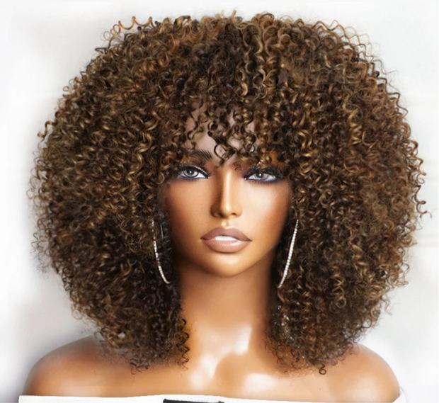 Perruque Afro Kinky Curly  Glueless 100% naturelle Péruvienne couleur noir , Marron , Blond miel 250%HD 12-14 pouces