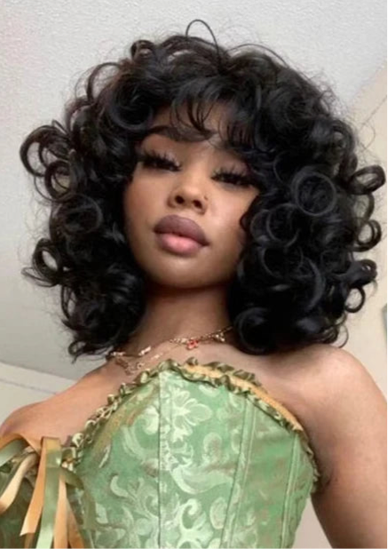 Perruque Curly Bob avec frange cheveux 100% naturel prêt à porter sans colle 180 HD du 8 au16 pouces