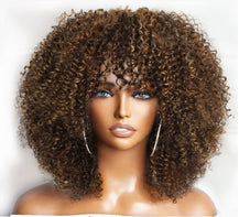 Perruque Afro Kinky Curly  Glueless 100% naturelle Péruvienne couleur noir , Marron , Blond miel 250%HD 12-14 pouces