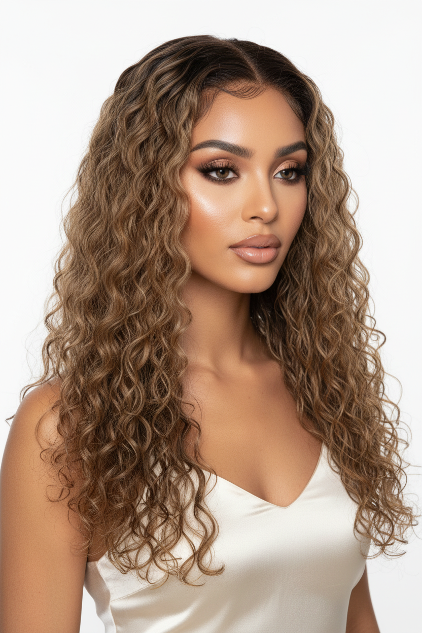 Perruque Water Wave 100% cheveux naturels bresiliens couleur Highlight ombre 4/27 avec dentelle frontale 13x4 150% HD ou 180% HD 10-30 pouces