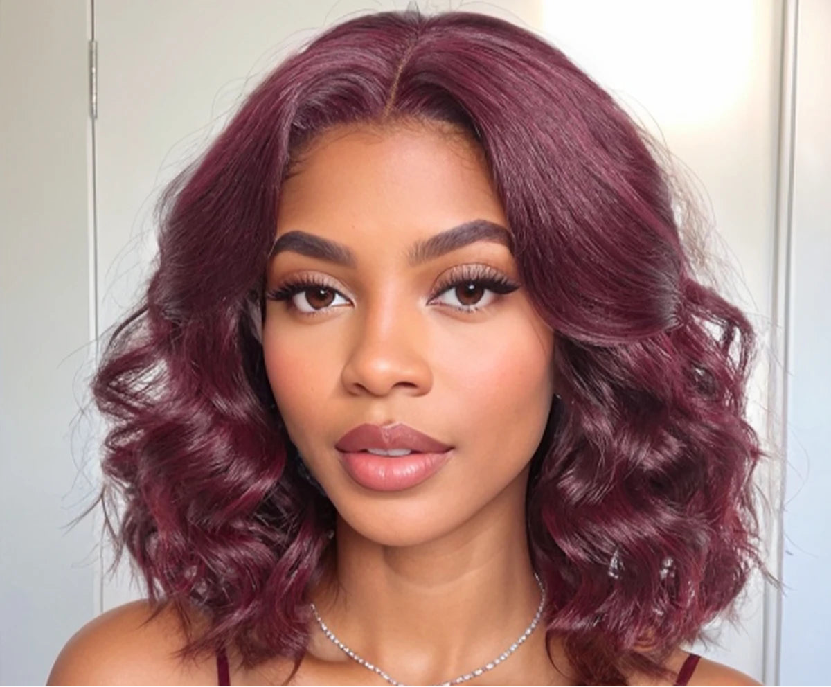 Perruque Loose Wave 100%naturels  couleur 99J Burgundy avec dentelle frontale  5×6 Frontal 180% HD