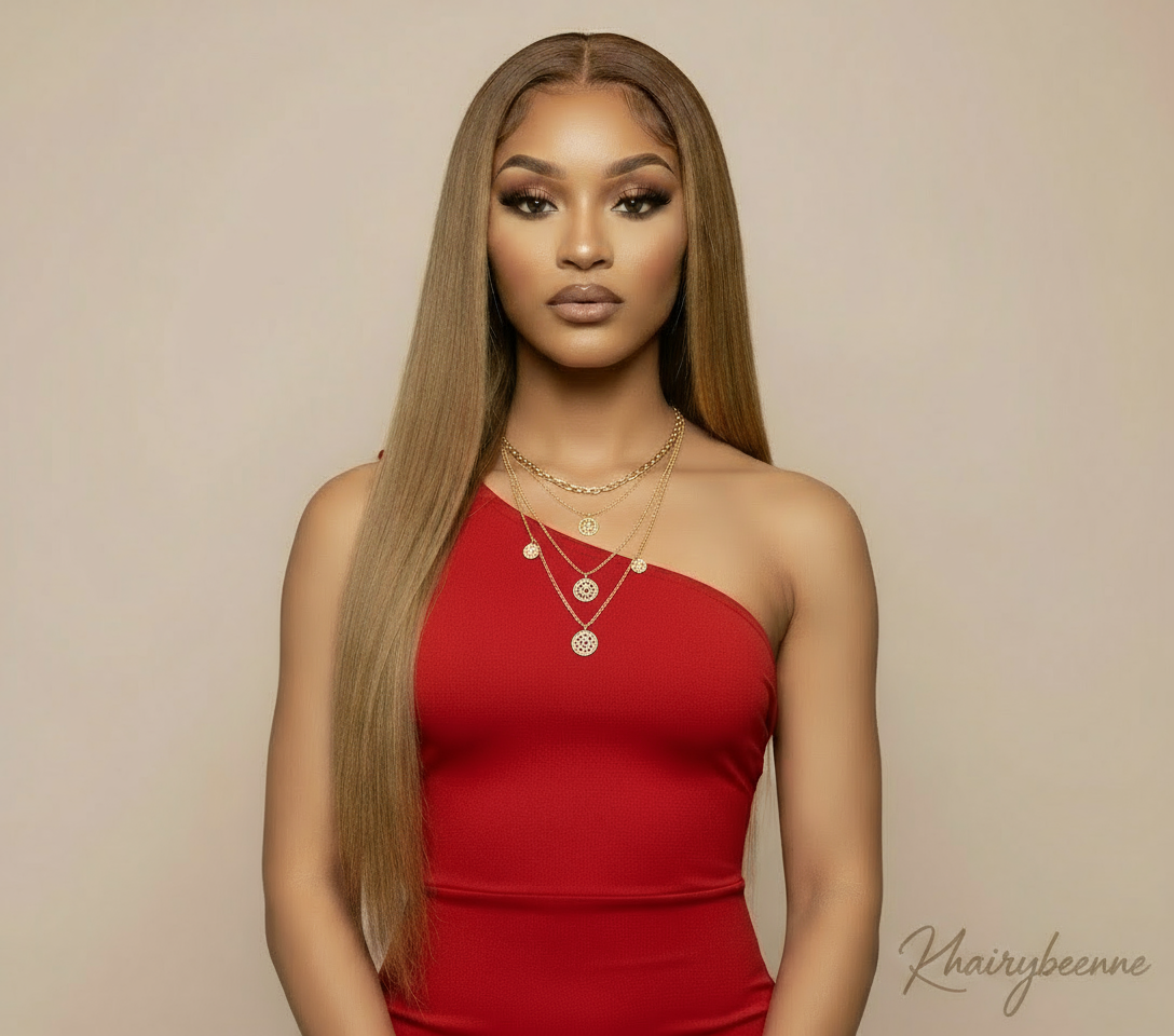 Perruque cheveux lisse 100% naturel couleur blond miel avec dentelle frontale 13*6/4  180%ou220%HD   13x6/4  12-30 Pouces