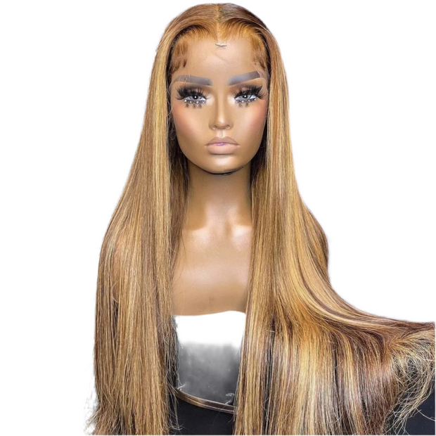 Perruque cheveux lisse 100% naturel couleur blond miel avec dentelle frontale 13*6/4  180%ou220%HD   13x6/4  12-30 Pouces