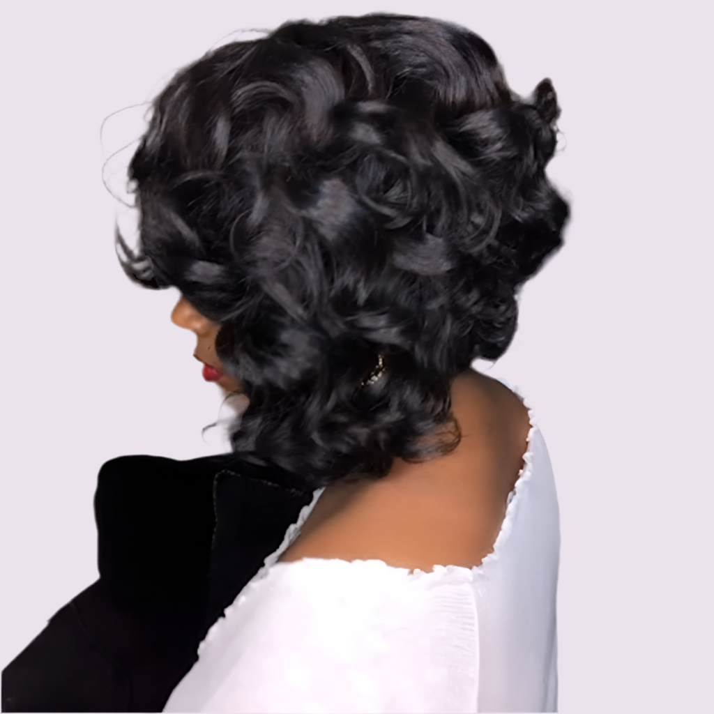 Perruque cheveux bouclés synthétique couleur noir