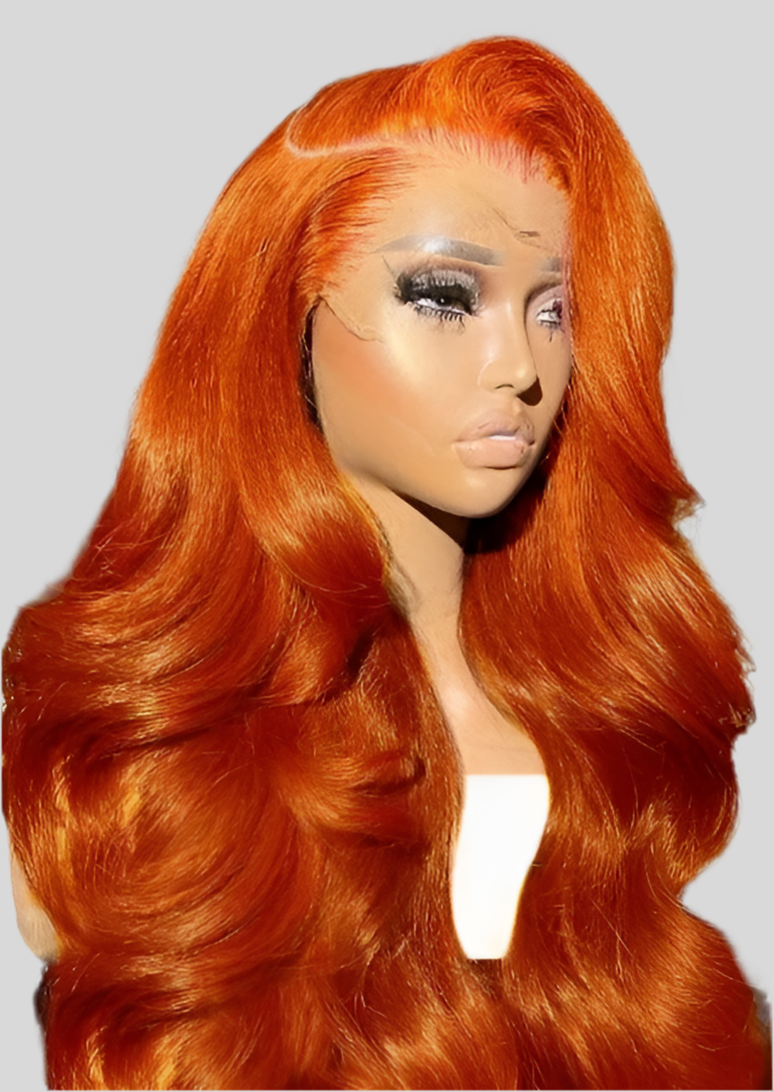 Perruque Body Wave  cheveux 100% naturel bresilien  couleur Ginger Orange 350# 180% HD avec dentelle frontale transparente13x4 transparente  du 12 au 34 pouces