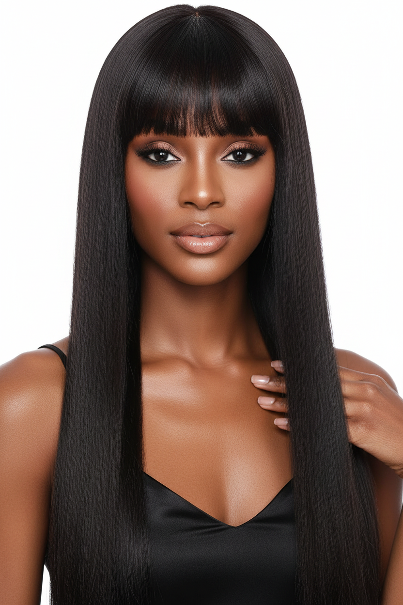 Perruque lisse avec une frange cheveux 100% naturel 180% tHD facile à porter 14-26pouces