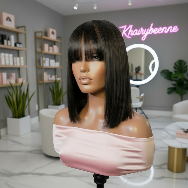 Perruque cheveux lisse avec une frange cheveux 100% Naturels bresilien  Glueless Pret-à-porter