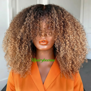 Perruque Afro Kinky Glueless cheveux naturels brésilienne couleur ombre Blonde 4/27 et couleur naturel 180% HD 200%et 250%HD 8-16 pouces