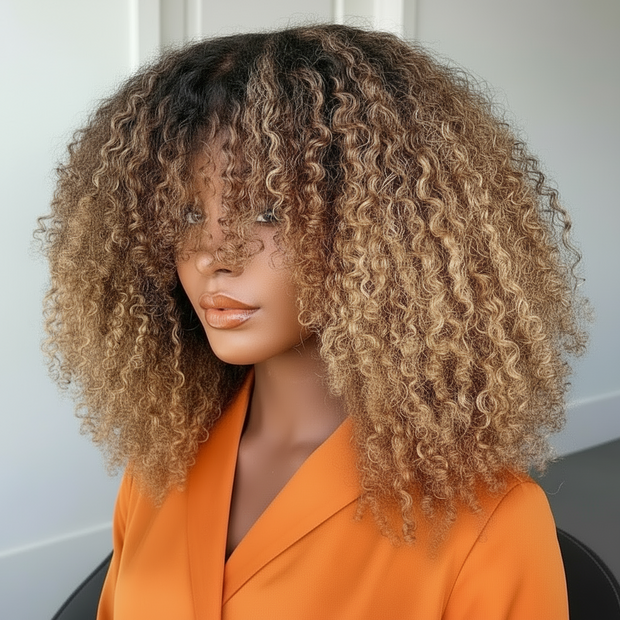 Perruque Afro Kinky Glueless cheveux naturels brésilienne couleur ombre Blonde 4/27 et couleur naturel 180% HD 200%et 250%HD 8-16 pouces