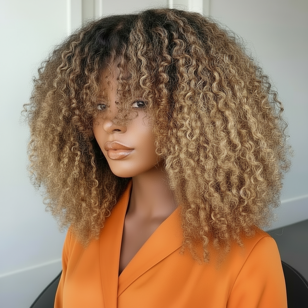 Perruque Afro Kinky Glueless cheveux naturels brésilienne couleur ombre Blonde 4/27 et couleur naturel 180% HD 200%et 250%HD 8-16 pouces