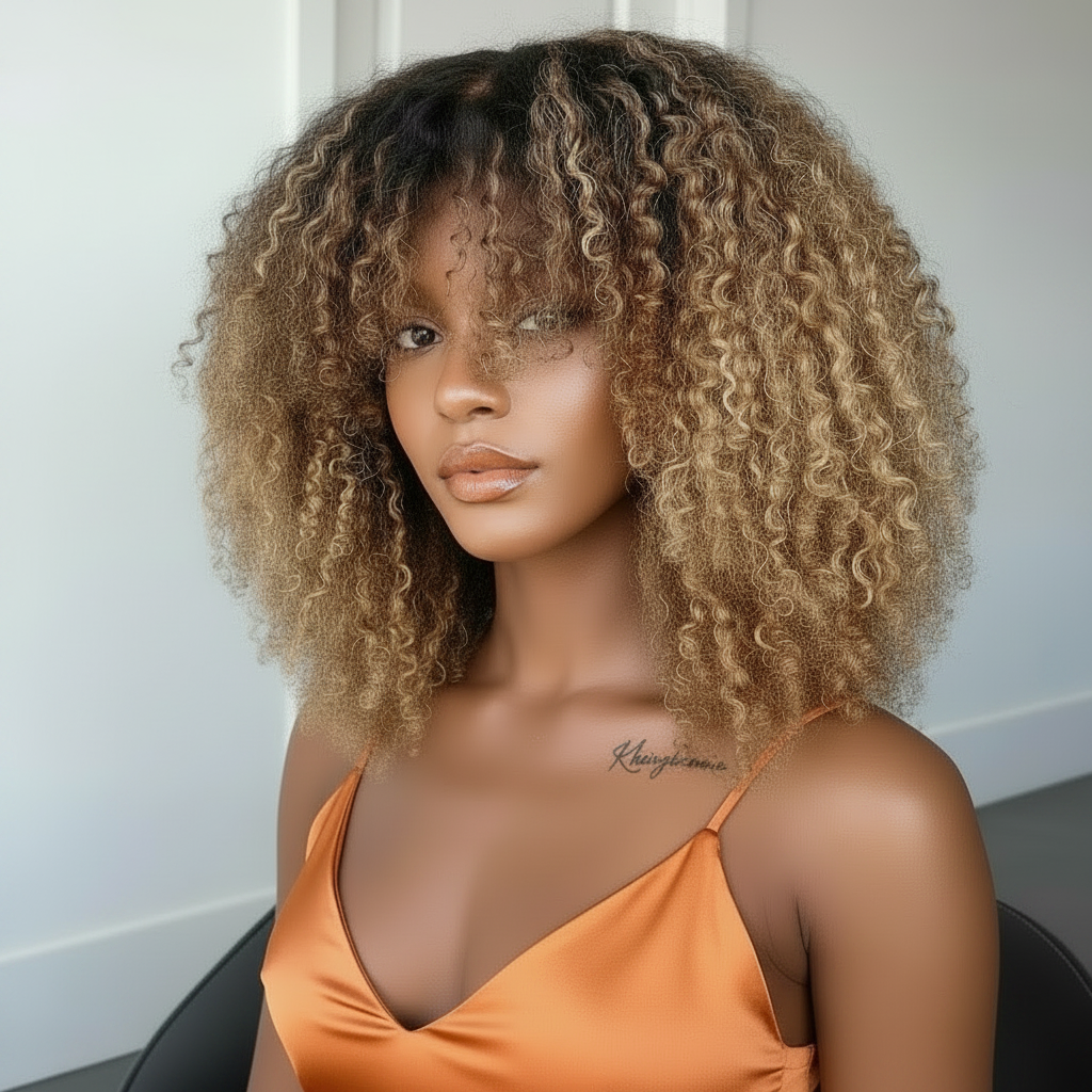 Perruque Afro Kinky Glueless cheveux naturels brésilienne couleur ombre Blonde 4/27 et couleur naturel 180% HD 200%et 250%HD 8-16 pouces