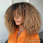 Perruque Afro Kinky Glueless cheveux naturels brésilienne couleur ombre Blonde 4/27 et couleur naturel 180% HD 200%et 250%HD 8-16 pouces