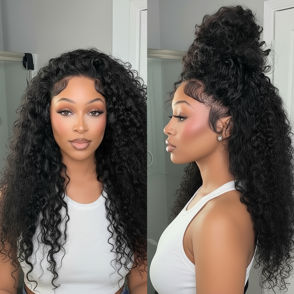 perruque Deep Curly 100% naturelle    180 ou 250% HD  dentelle 360 Full  pré coupée 18- 36 pouces