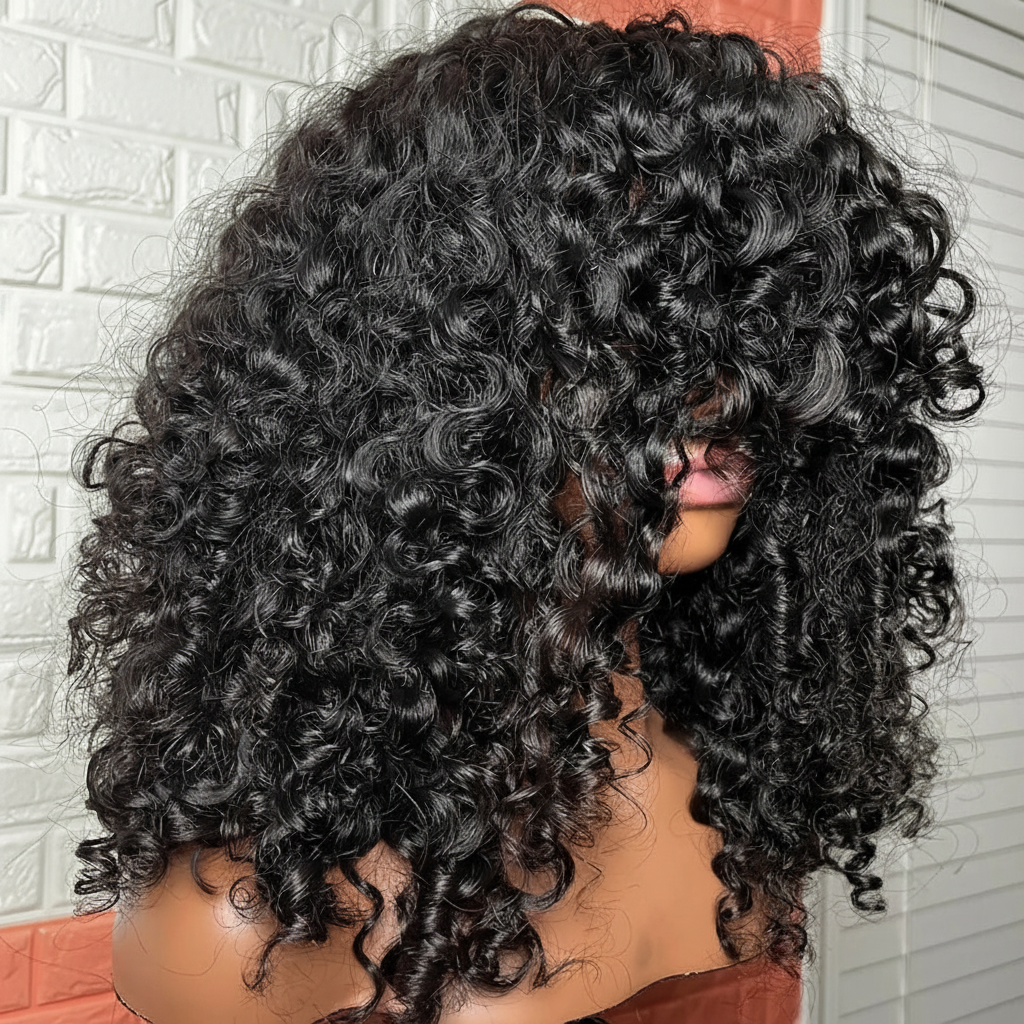 Perruque bouclée Loose Curly avec une frange 100% brésilienne couleur naturelle 150% 180% ou 200% de densité 16-24 pouces