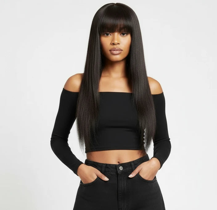 Perruque lisse avec une frange cheveux 100% naturel 180% HD facile à porter 14-26pouces