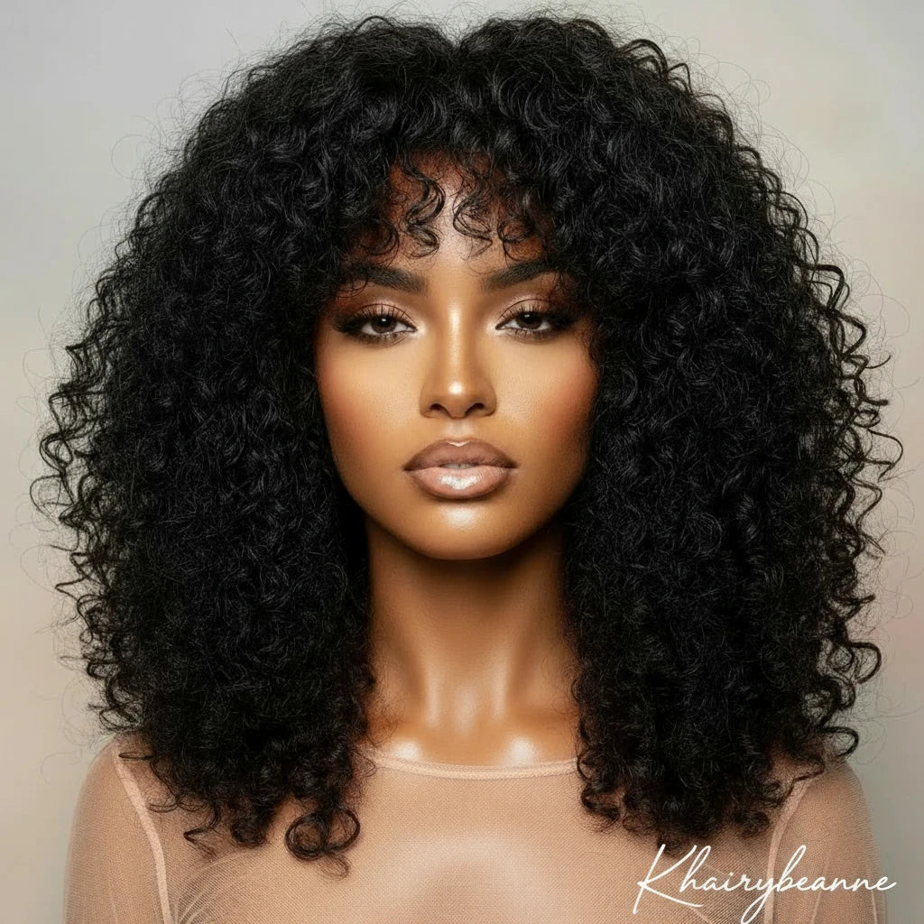 Perruque bouclée Loose Curly avec une frange 100% brésilienne couleur naturelle 150% 180% ou 200% de densité 16-24 pouces