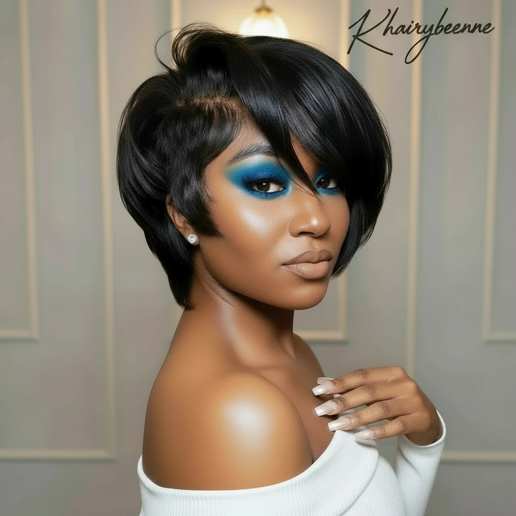 Perruque courte Remy cheveux lisse bresiliens dentelle frontale Transparente 13X4