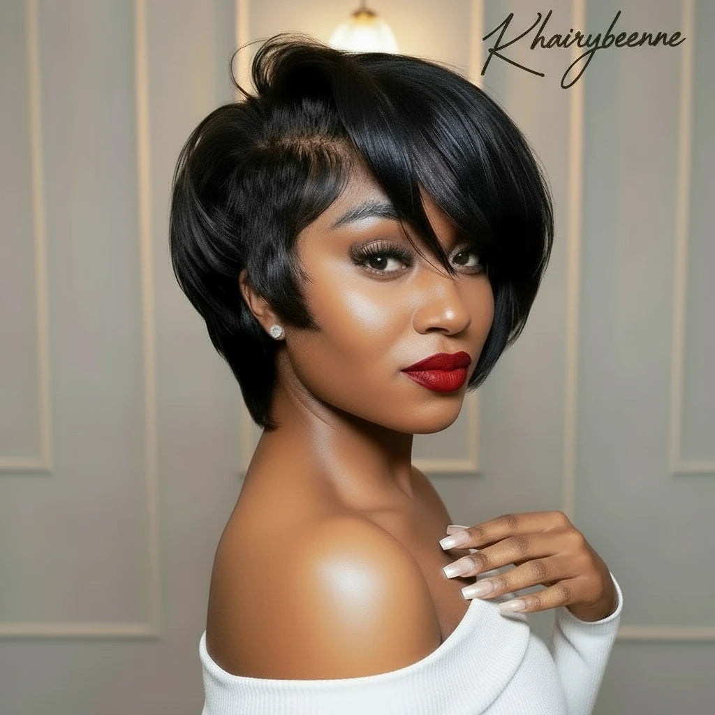 Perruque courte Remy cheveux lisse bresiliens dentelle frontale Transparente 13X4