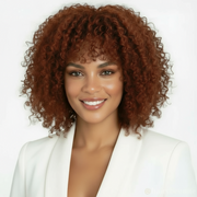 Perruque Afro Kinky Curly 100% Bresilienne avec une frange couleur brun/ rougeâtre  avec une frange  250% HD 12 pouces